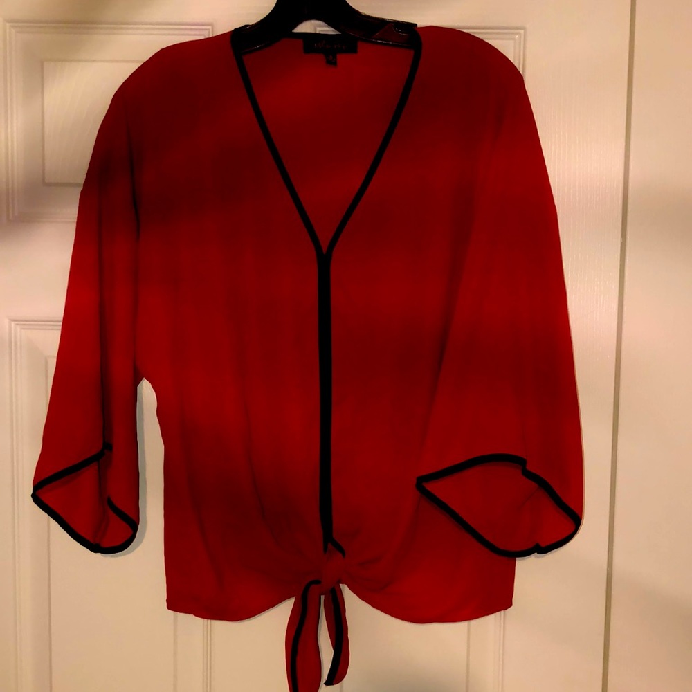 Size Small Melissa Paige Burnt Orange sheer Blouse with Black Detail Trim.